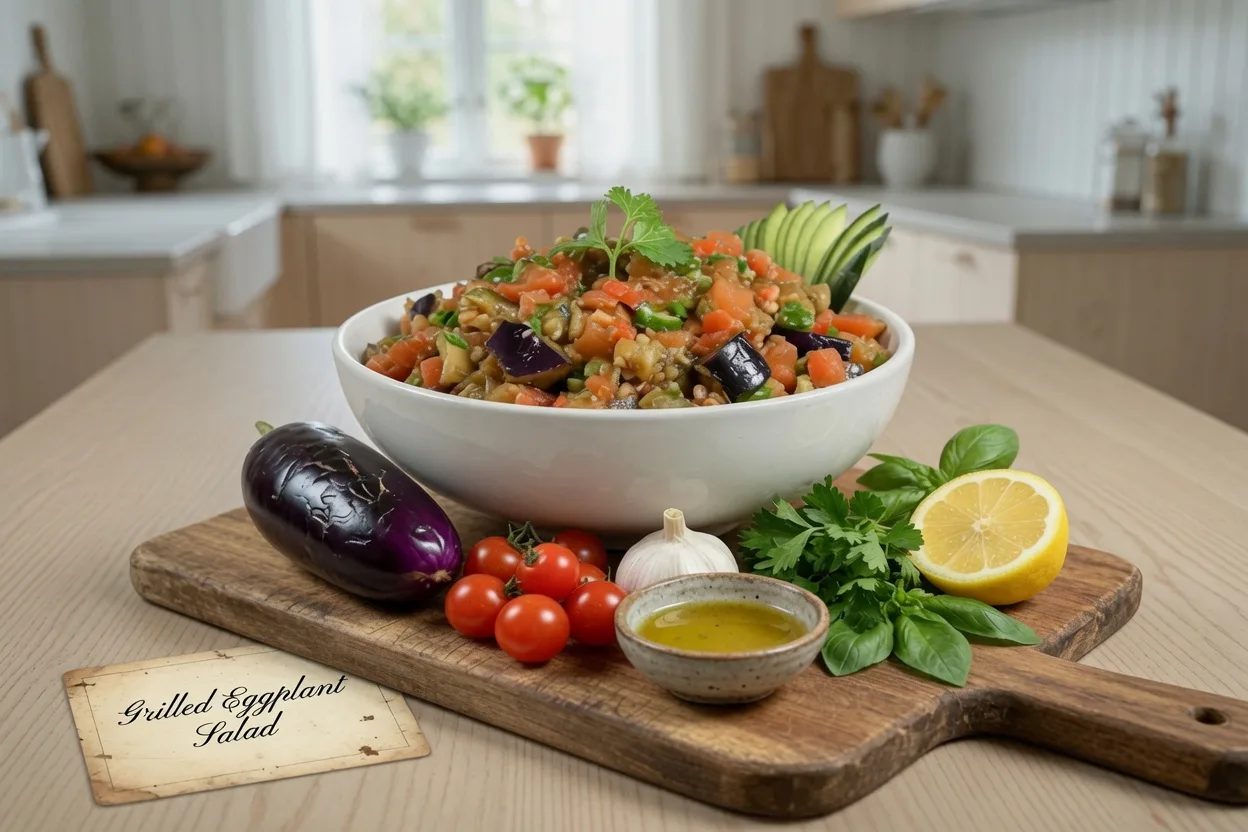 Ensalada israelí de berenjena asada (salat hatzilim) en un tazón blanco, rodeada de berenjenas enteras, tomates cherry, ajo, limón, perejil y aceite de oliva sobre una tabla de madera