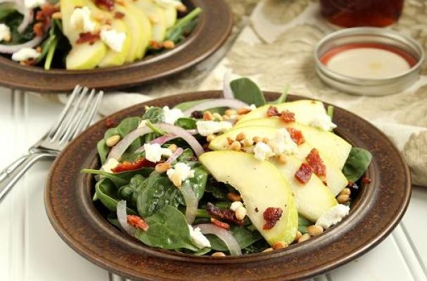 Pear, Goat Cheese and Spinach Salad with Warm Maple-Bacon Dressing