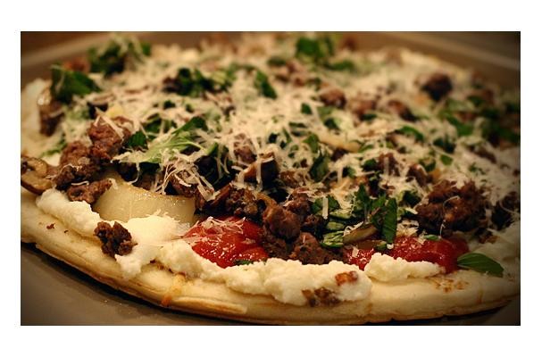 Elk Italian Sausage Pizza With Ricotta Cheese, Sautéd Mushrooms and Onion
