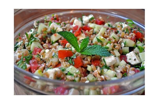 Farro Salad With Tomatoes, Cucumber, Mint and Feta