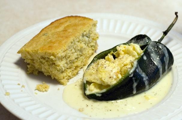 Scrambled Egg-Stuffed Poblano Chiles With Spicy Cheese Sauce