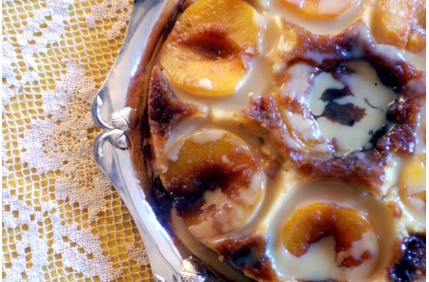 Upside Down Peach Cake With Ginger Infused Maple Cream Sauce