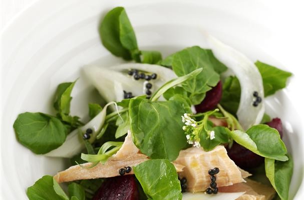 Salmon, Watercress, Fennel and Baby Beetroot Salad With Lemony “Caviar” Dressing