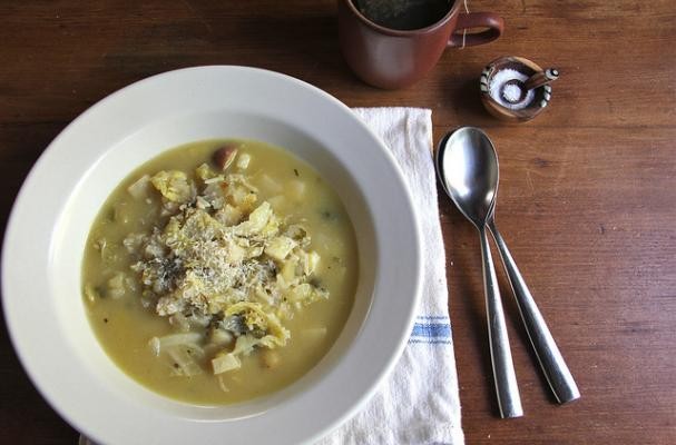 Savoy Cabbage and Celery Root Soup with Leek Confit