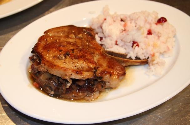 Pork Chops With Dried Cranberries, Mushrooms and Chestnut Stuffing