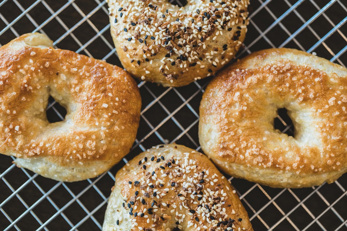 New York style sesame bagels fresh from the oven
