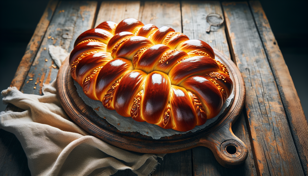 Chocolate chip studded challah with golden braided crust