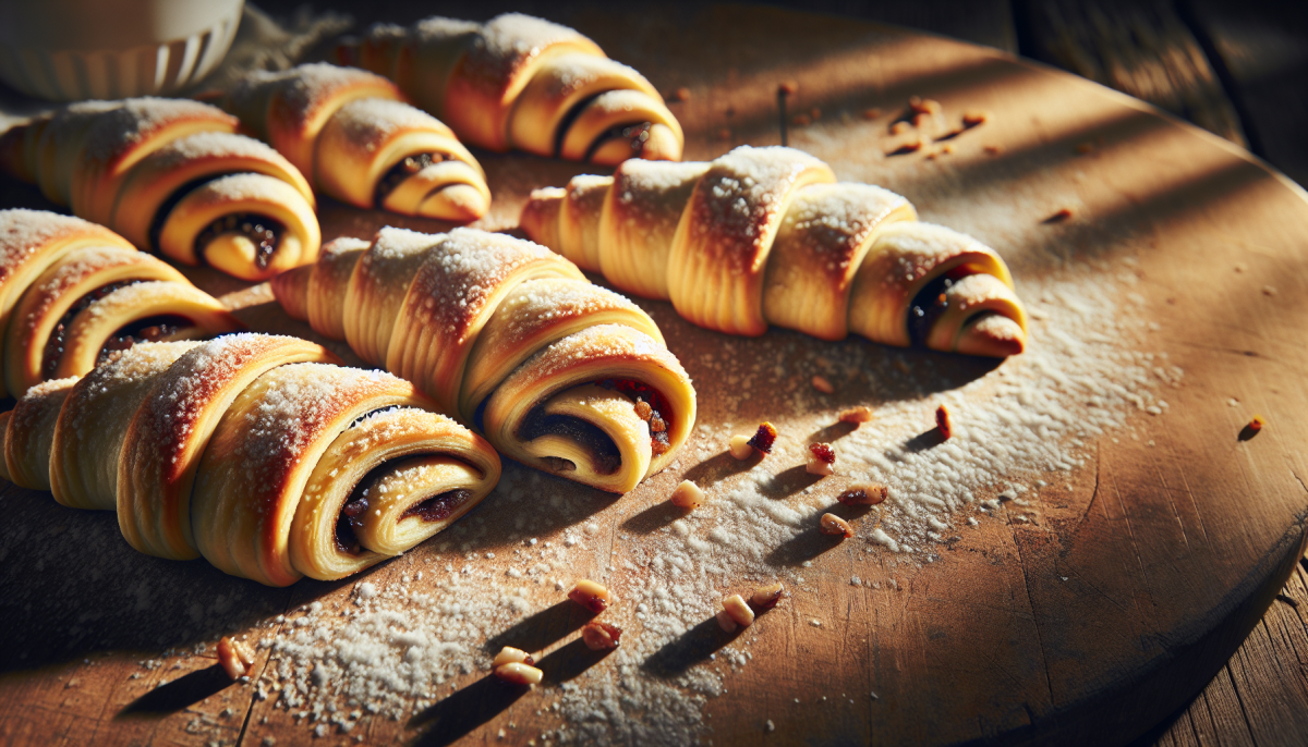 Chocolate rugelach with rich filling and crescent shape