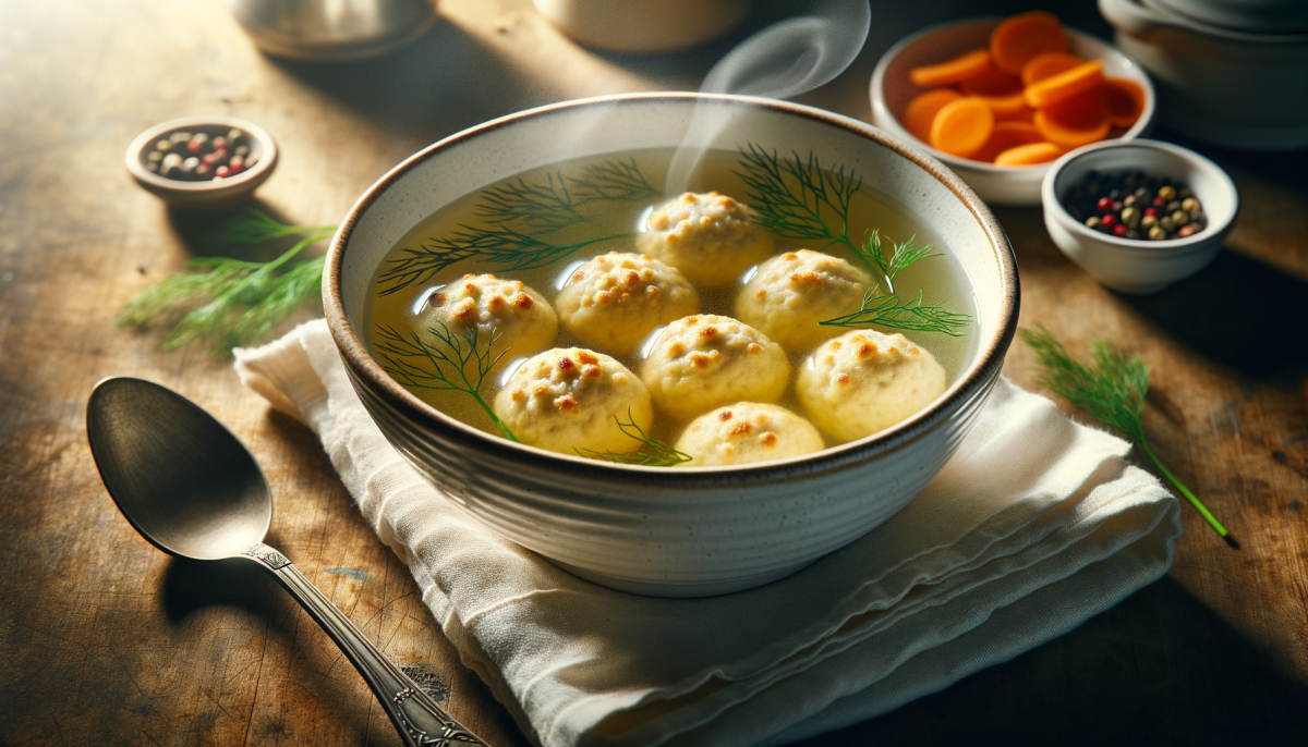 Light and fluffy gluten-free matzo balls floating in golden chicken soup with fresh dill