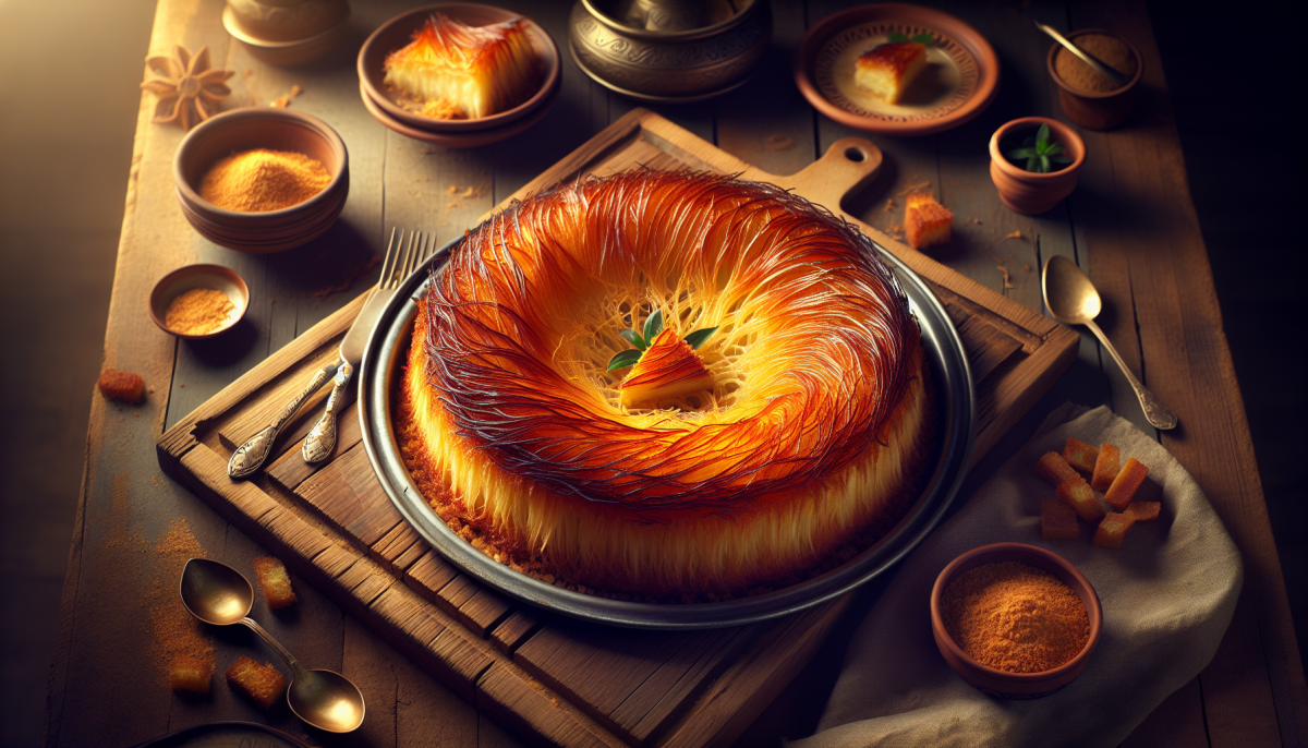 Golden shredded konafa pastry with sweet cheese filling