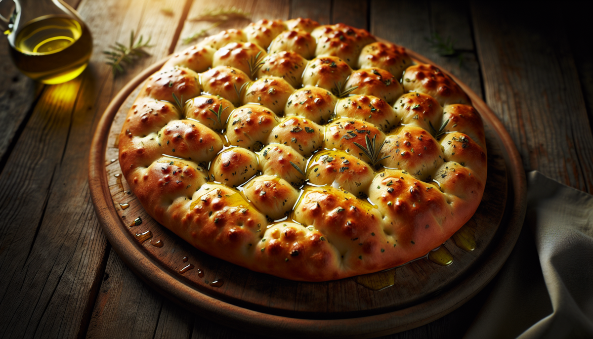 Dimpled olive oil focaccia with herb topping