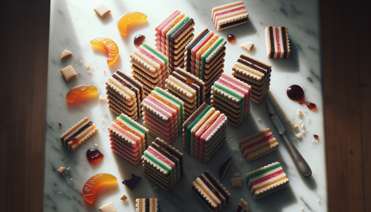Passover rainbow cookies with pink, white, and green almond paste layers coated in chocolate