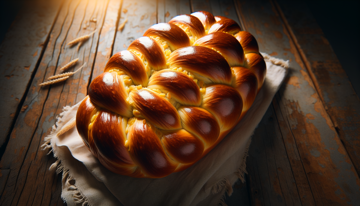 Sesame-crusted challah bread with golden braids