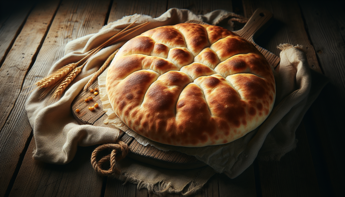 Puffy sourdough pita bread with golden spots