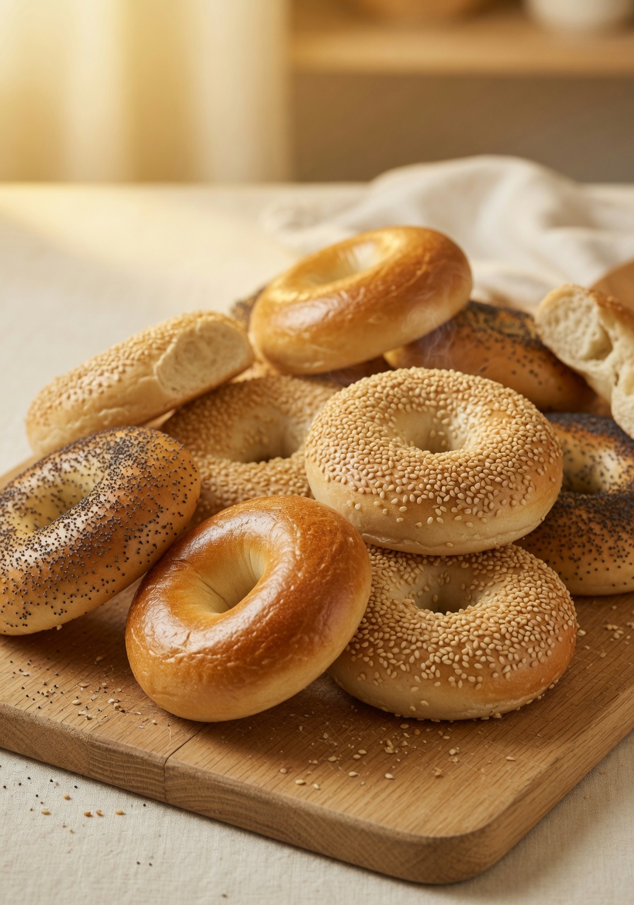 Fresh kosher bagels — sesame, poppy and plain — on a wooden board