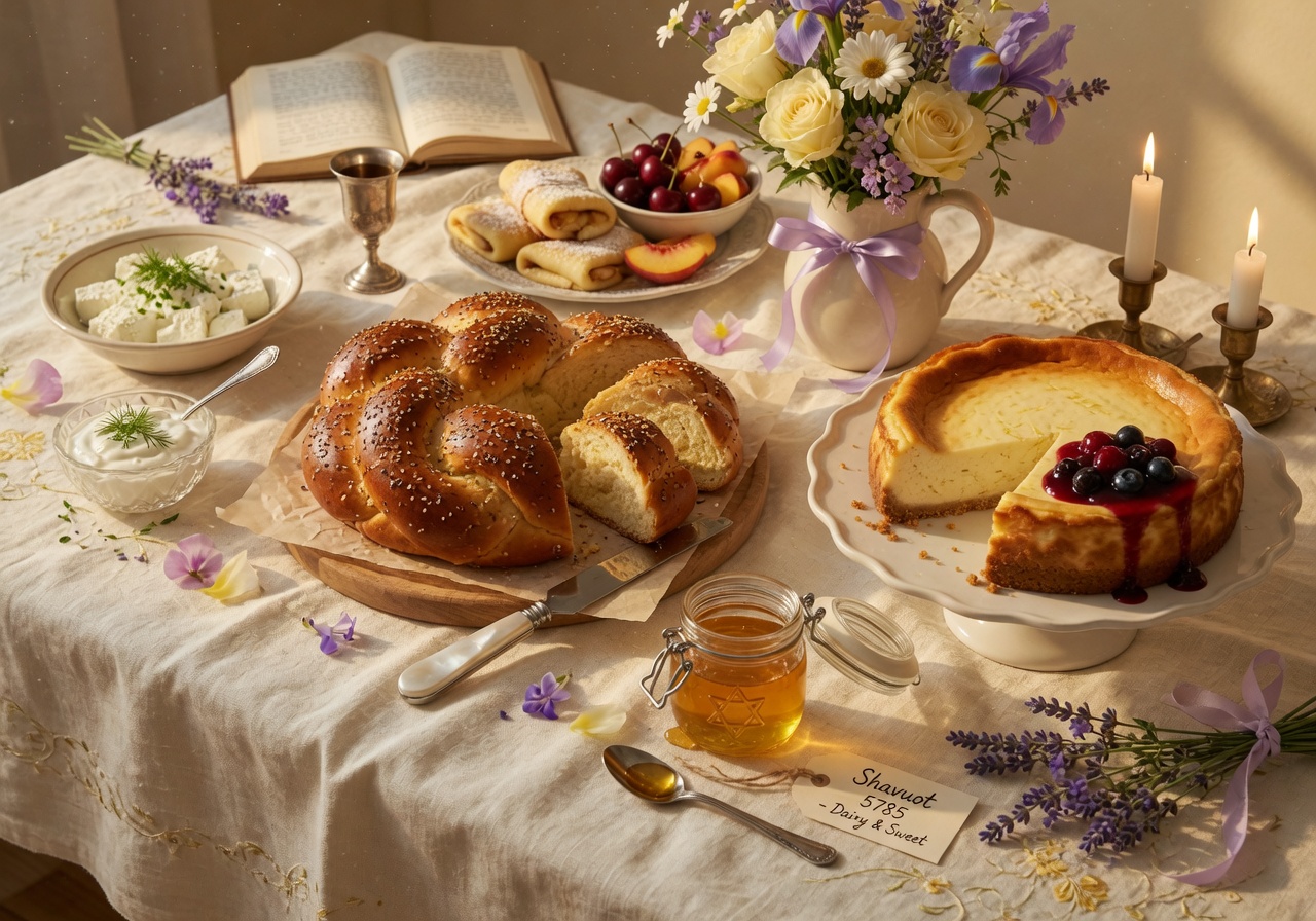 Shavuot 2026 dairy holiday table with challah and cheesecake