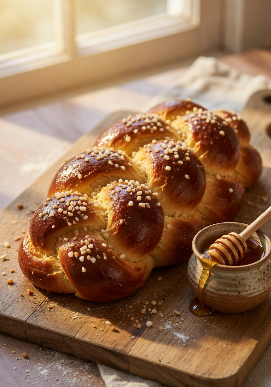 Shavuot dairy honey challah six-strand braid with pearl sugar